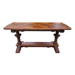 1990s Thomasville Fine Burl Trestle Table Parque Top Console Hall Table Jacobean Style For Sale
