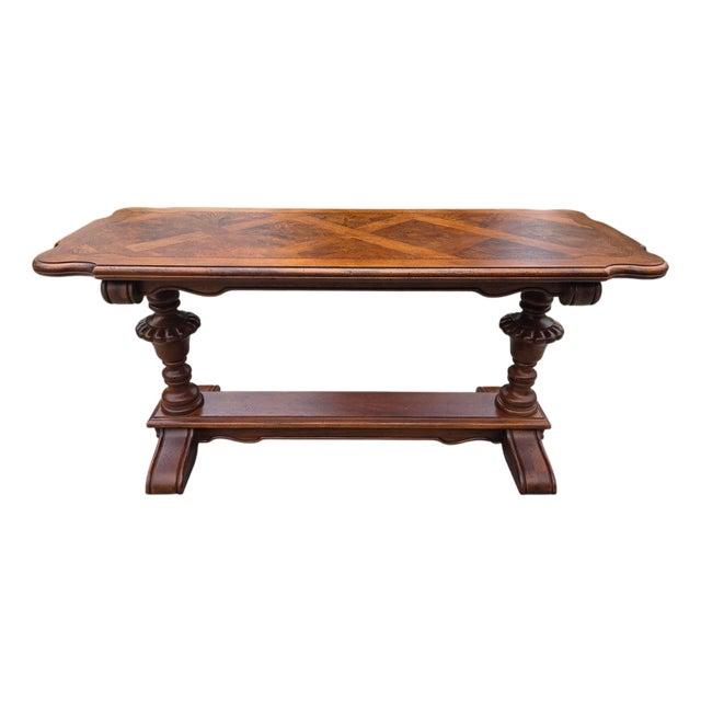 1990s Thomasville Fine Burl Trestle Table Parque Top Console Hall Table Jacobean Style For Sale