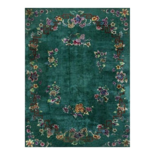 1920s Green Open Field Modern Antique Chinese Art Deco Carpet Room Size Rug For Sale