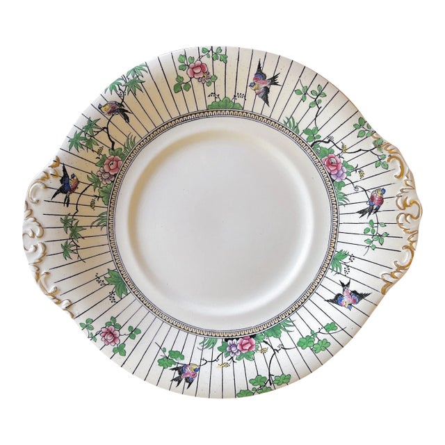 Antique Chinoiserie Booth's Gilt Scalloped Platter "Springtime" For Sale