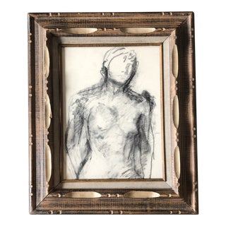 Vintage Original Female Nude Charcoal Study Drawing Vintage Carved Wood Frame For Sale