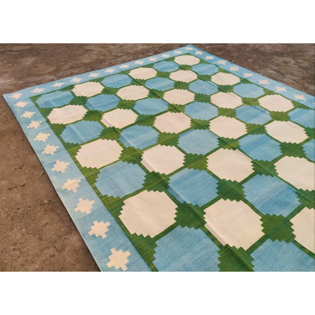 Sky Blue Handmade Woolen Flat Weave Swedish Pattern Sky Blue and Forest Green Area Rug - 9'x14' For Sale - Image 8 of 17