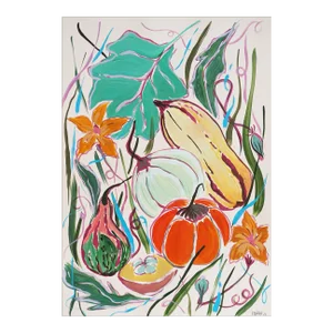 2024, Fauvist Tones Still Life Painting of Autumn Pumpkin Harvest, Acrylic Painting Painting and India Ink on Watercolor Paper by Romina Milano