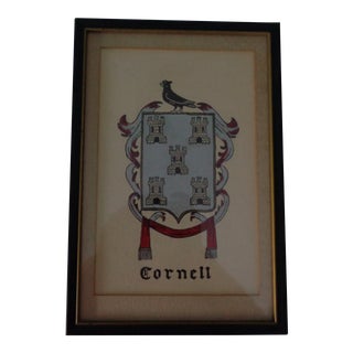 Vintage Cornell Family Coat of Arms Hand Colored Crest, Framed For Sale