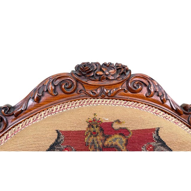 Victorian Walnut Armchair with Royal Coat of Arms Upholstery, 1860 For Sale - Image 12 of 14