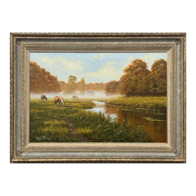 Late 20th Century River Landscape Scene with Horses in the English Countryside by David Morgan For Sale