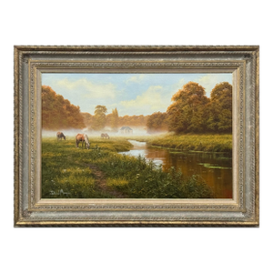 Late 20th Century River Landscape Scene with Horses in the English Countryside by David Morgan