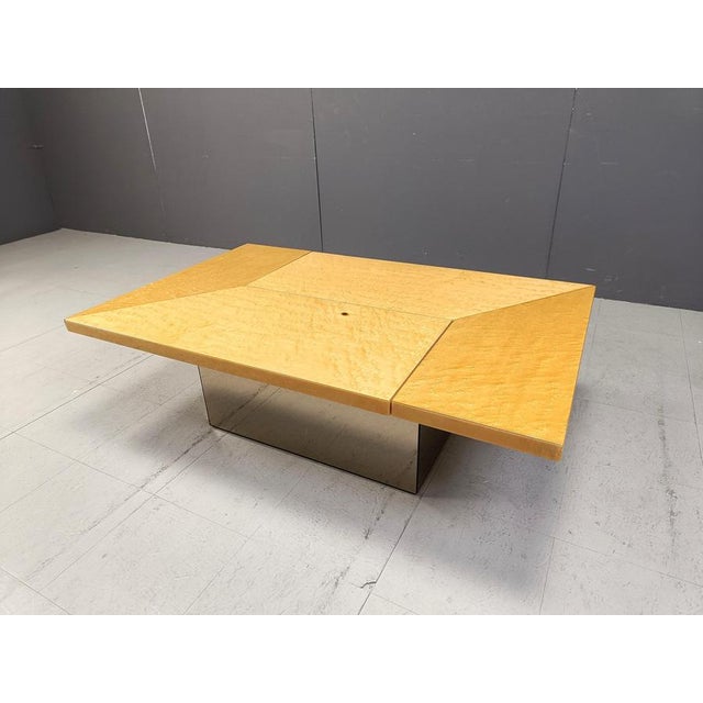 Glass Vintage Ash Wood Hidden Bar Coffee Table attributed to Paul Michel, 1970s For Sale - Image 7 of 11