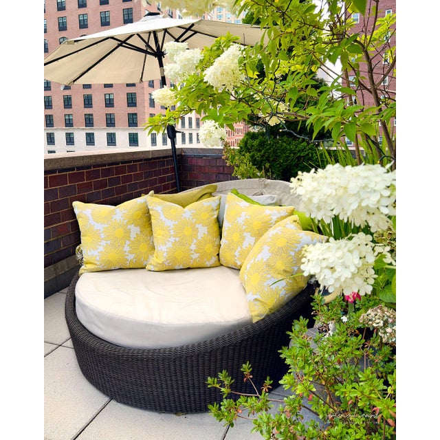 Canary Yellow Outdoors and Indoors Contemporary Bright Flower Yellow Square Pillows. By Arlene Angard, Set of 2 For Sale - Image 8 of 10