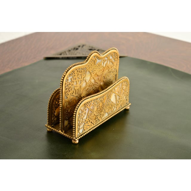 Tiffany Studios Tiffany Studios New York Grapevine Pattern Bronze Doré and Favrile Slag Glass Letter Rack For Sale - Image 4 of 15
