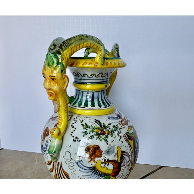 Italian Majolica Hand Painted Ceramic Pottery Face Handles Vase For Sale - Image 9 of 16