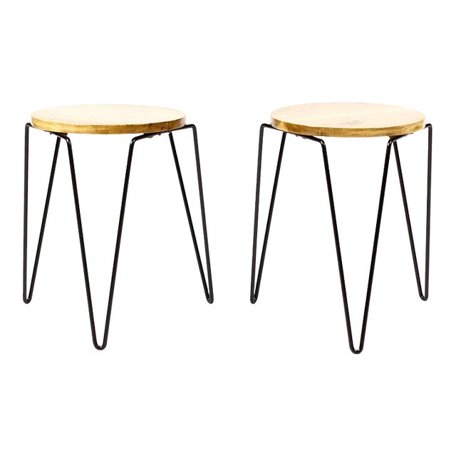 1960s Mid Century Vintage Attributed to Florence Knoll Model #75 Stacking Stool Side Table — White Oak + Iron — Pair For Sale