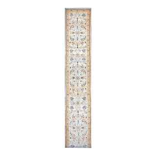 Persian Sultanabad Wool 3x25 Light Blue, Ivory & Gold Handmade Runner Rug #1141320 For Sale