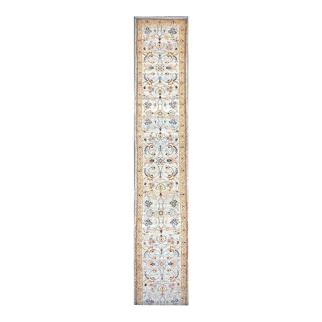 Persian Sultanabad Wool 3x25 Light Blue, Ivory & Gold Handmade Runner Rug #1141320 For Sale