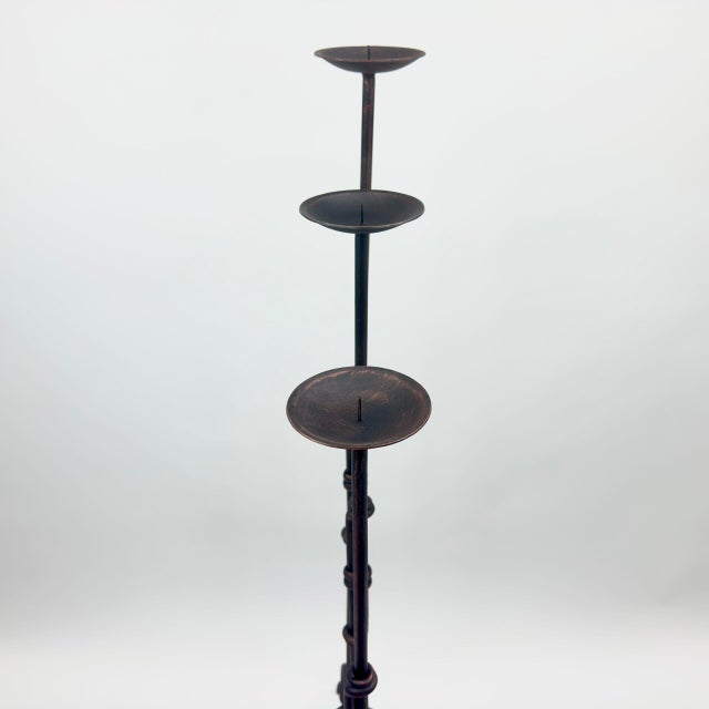 Hand Forged Iron Candelabra Set of 3 (98-118cm) Antique Copper Finish Sculptural Iron Bamboo Style Estate Set For Sale - Image 4 of 6