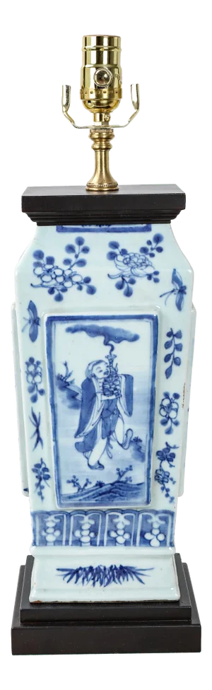 Vintage Qing Dynasty Blue and White Porcelain Square Vase Lamp