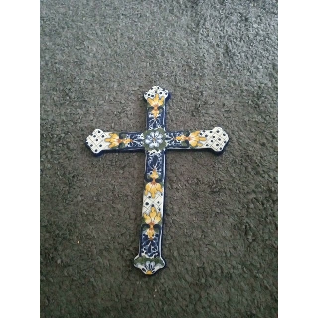 Folk Art Gorgeous Talavera Mexico Folk Art Crucifix Cross For Sale - Image 3 of 6