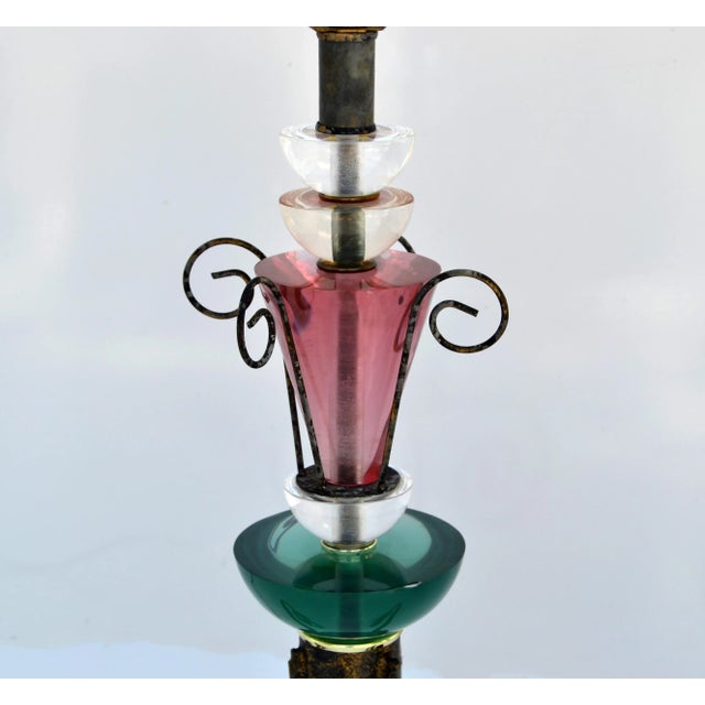 Metal Set, Van Teal Green & Pink Lucite Table Lamps Gold Shades Mid-Century Modern 70 For Sale - Image 7 of 13