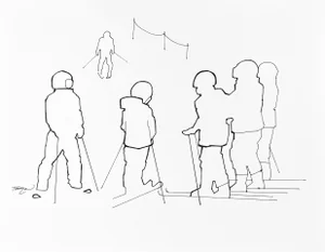 "Ski School V" Contemporary Minimalist Figurative Ink Drawing by Tawna Allred