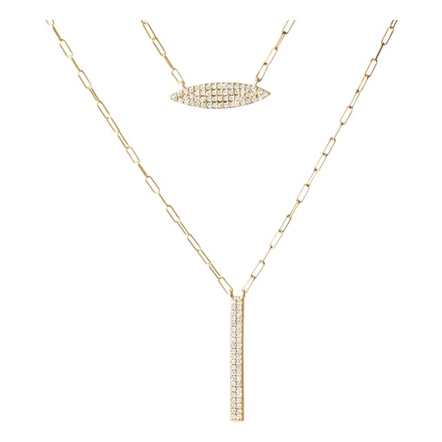 14K Yellow Gold 3/8 Cttw Two-Strand Marquise and Bar Charm Paper Clip Link Pendant Necklace (I-J Color, I1-I2 Clarity) -18" and 20" Inch Lengths For Sale