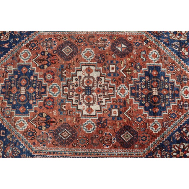Antique Persian Shiraz Rug Tri-Medallion Geometrics in Rusty Orange and Blue** For Sale - Image 11 of 14
