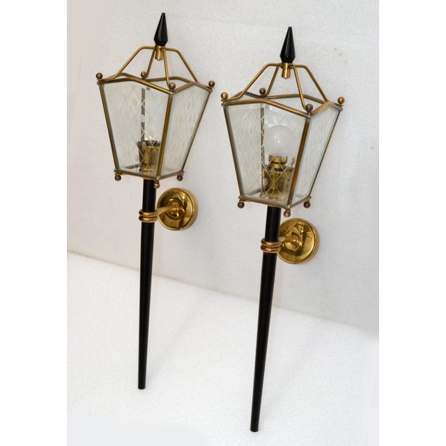 1960s Jacques Adnet Style Sconces Lantern Wall Lamps French Mid-Century Modern - Pair For Sale - Image 5 of 13