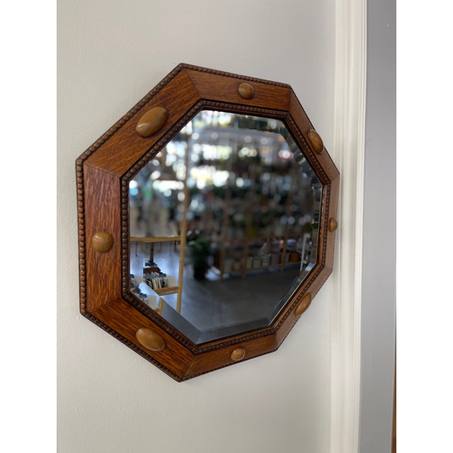 Arts & Crafts Antique Arts and Crafts Octagonal Beveled Mirror With Carved Oak Frame and Decorative Wood Peg Inlays For Sale - Image 3 of 8