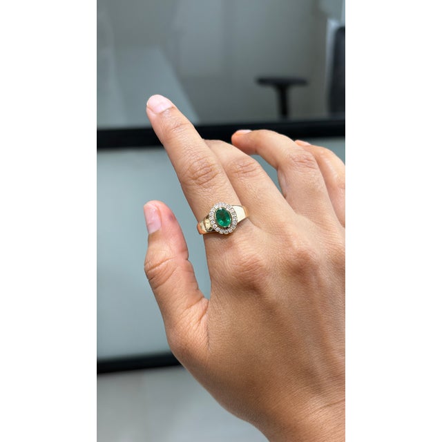 Not Yet Made - Made To Order Vintage-Inspired Oval Emerald Diamond Halo Signet Ring Size 8 in 14k Yellow Gold For Sale - Image 5 of 17