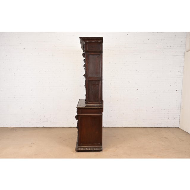 Antique French Renaissance Revival Carved Oak Breakfront Bookcase or Bar Cabinet, Circa 1880s For Sale - Image 9 of 11