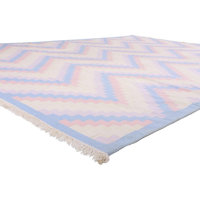 79596 Vintage Indian Dhurrie Rug, 10'03 x 14'00. The Pastel Rhythm: A Vintage Indian Dhurrie Masterpiece of Nordic Calm...