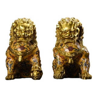 Pair of Gilt Cloisonne Enameled Guardian Lions – 7.5" Foo Dogs With Floral Motifs For Sale