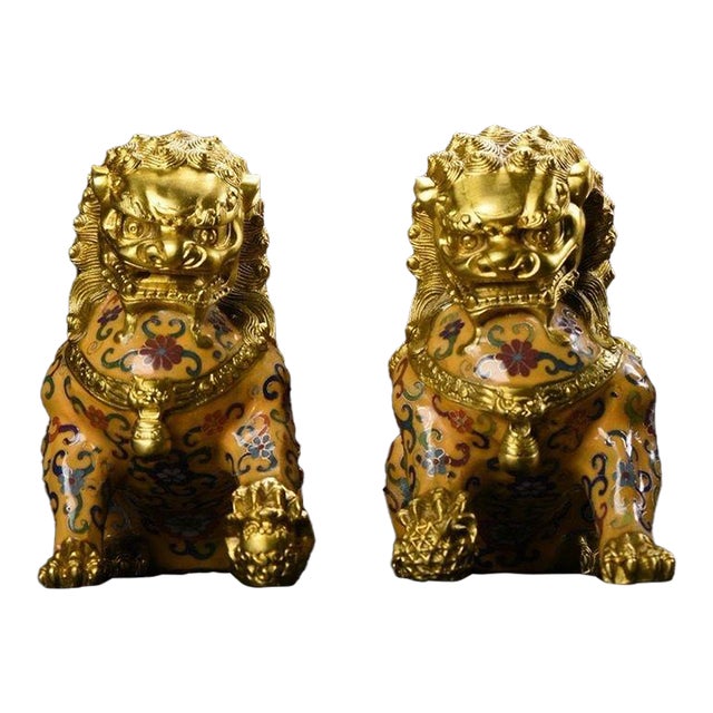 Pair of Gilt Cloisonne Enameled Guardian Lions – 7.5" Foo Dogs With Floral Motifs For Sale