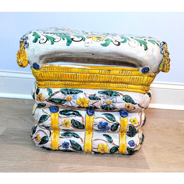 1970s Italian Majolica Stacked Pillows Garden Stool or Ottoman - Trompe l'Oeil Style For Sale - Image 11 of 16