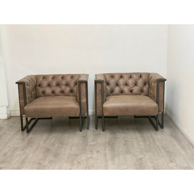 2000 - 2009 Pair of Modern Tufted Leather Club Chairs For Sale - Image 5 of 11