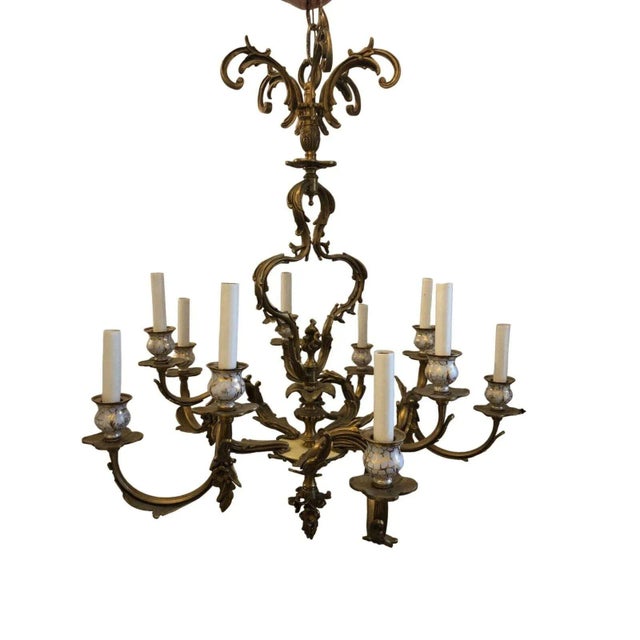 Vintage Mid 20th Century French Rococo Style Bronze Brass Porcelain 12-Light Chandelier For Sale - Image 11 of 11