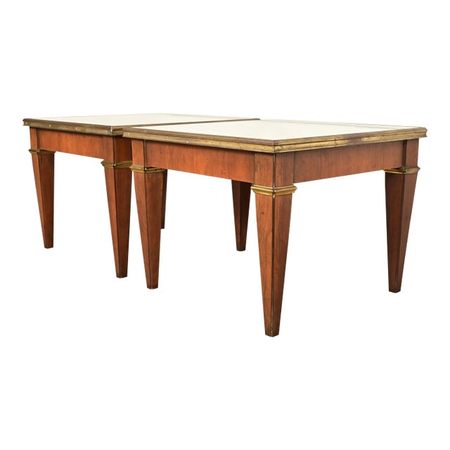 Baker Furniture French Regency Louis XVI Cherry, Burl Wood, and Brass Side Tables, Pair For Sale
