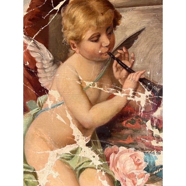 Textile 19th Century French Rococo Oil on Canvas Cherub Painting in Parcel Gilt Frame For Sale - Image 7 of 12