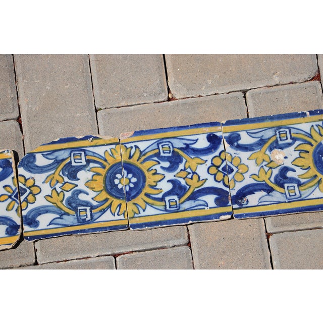 17th Century 17th Century Portuguese Floral Border Tiles Set of 10 Blue, Yellow & White Antique For Sale - Image 5 of 12
