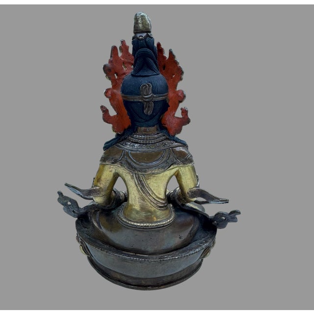 Tibetan Gilt Bronze Amitayus Buddha Statue Turquoise Inlay Sealed 8” For Sale - Image 9 of 10