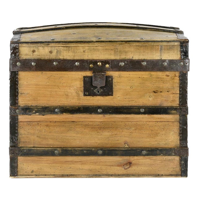 Wooden Transport Trunk with Steel Reinforcements For Sale