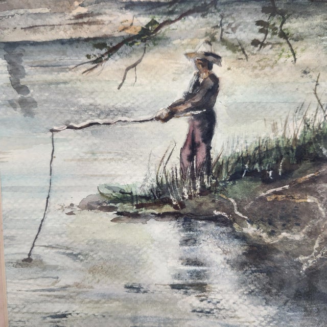 Rustic Vintage Watercolor Landscape – Man Fishing by River, Signed b.a. Kim, Framed For Sale - Image 3 of 12