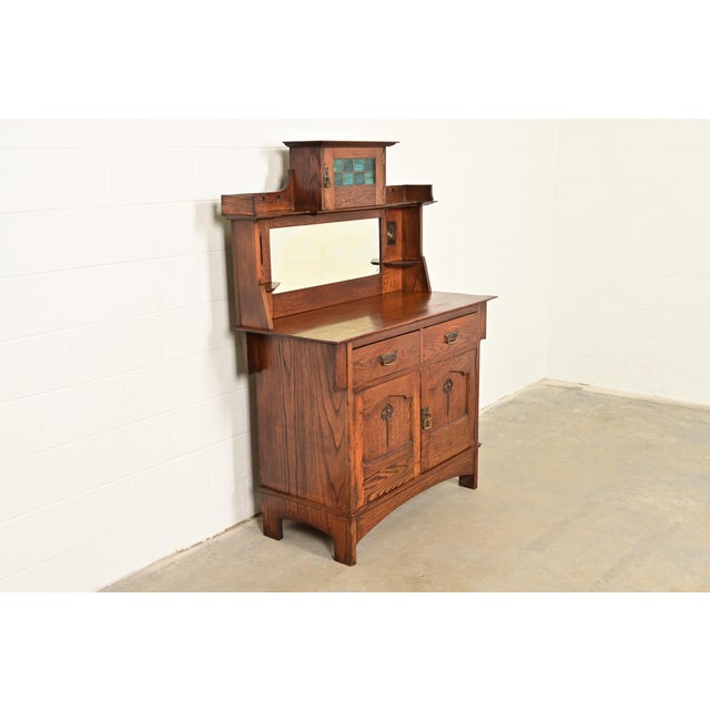 Liberty & Co. Liberty & Co. Antique English Arts & Crafts Oak Sideboard With Stained Glass Door, Circa 1900 For Sale - Image 4 of 16