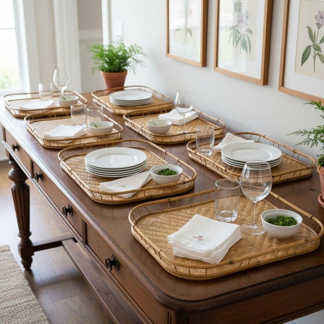 Vintage Bamboo Rattan Serving Trays-Set of 7-Woven-Tiki-Boho-MCM-60s-Coastal-Lap For Sale - Image 9 of 10