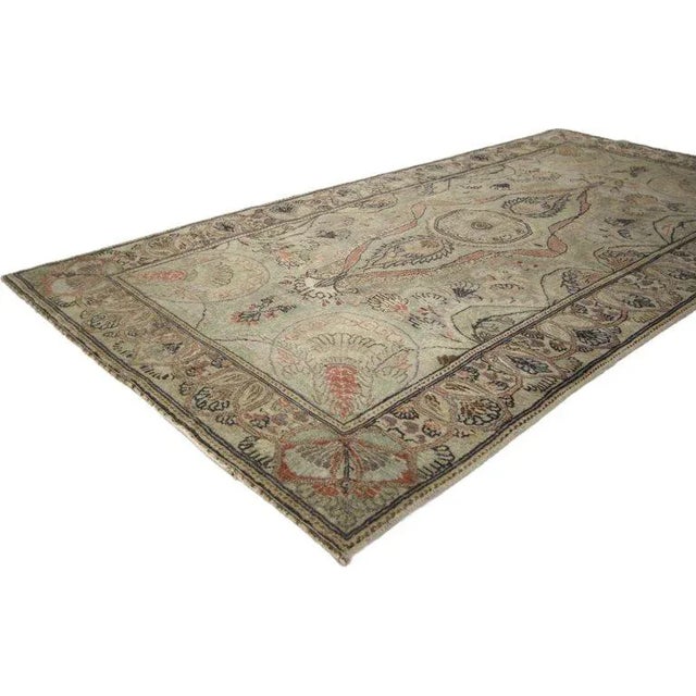 Distressed Vintage Turkish Oushak Rug with Modern Rustic Gustavian Style 03’06 x 06’07. Lovingly timeworn with Gustavian...