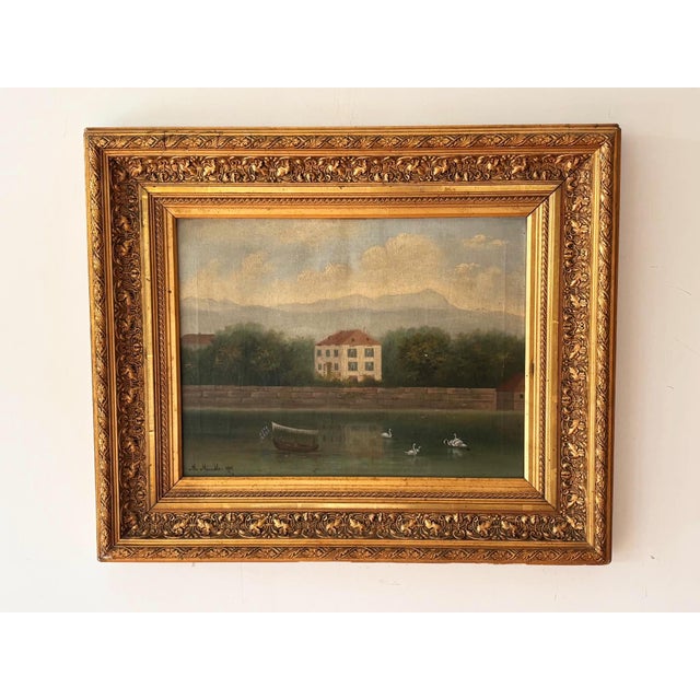 European School, Lakeside Villa with Swans, 1890s, Oil on Canvas, Framed For Sale - Image 12 of 12