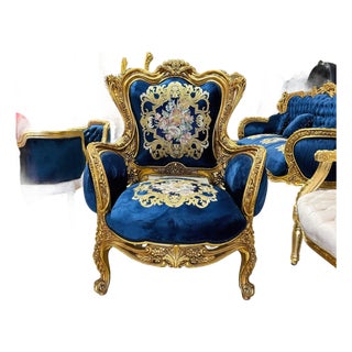 Blue Bergère Wing Chair – French Style Armchair With Gold Leaf Details For Sale