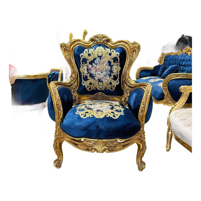 Blue Bergère Wing Chair – French Style Armchair With Gold Leaf Details For Sale