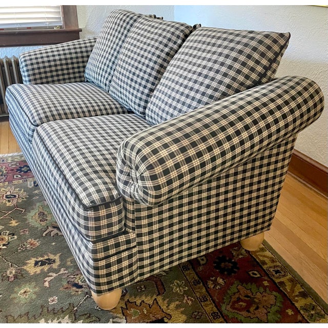 1990s Flexsteel Full Scroll Arm Gingham Sofa, American Made Chairish