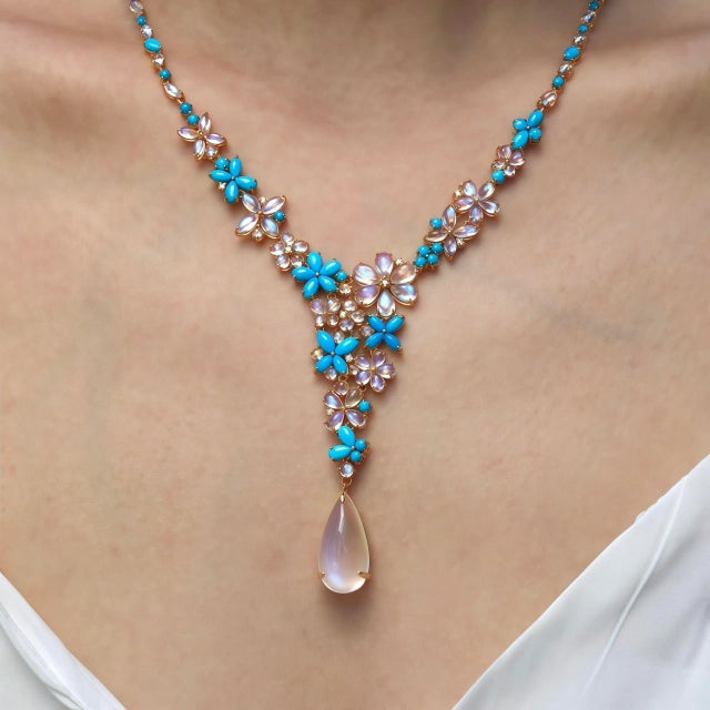Metal Nina Zhou Symphony Turquoise Moonstone Diamond Necklace in 14k Yellow Gold For Sale - Image 7 of 7
