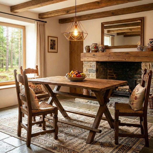 Antique dining table with X shaped base (c.1920) Dimensions: Width: 142 cm Depth: 86 cm Height: 83 cm Style: Rustic...